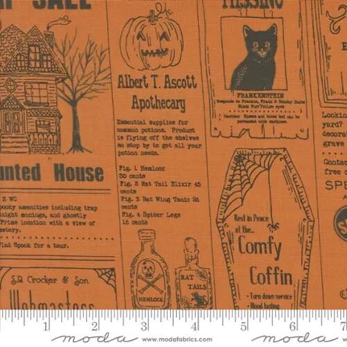 Orange Vintage Newspaper Text and Words 44&#x22;/45&#x22; Fabric Per Yard