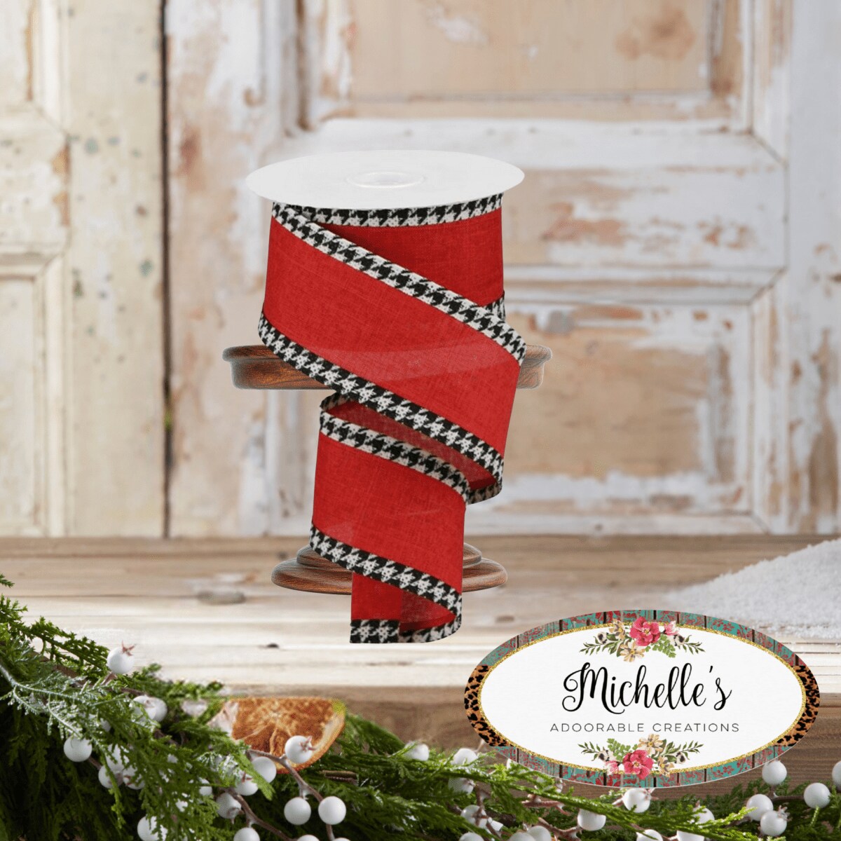 2.5&#x22; Houndstooth Edge Ribbon: Red, Black, White (10 Yards)