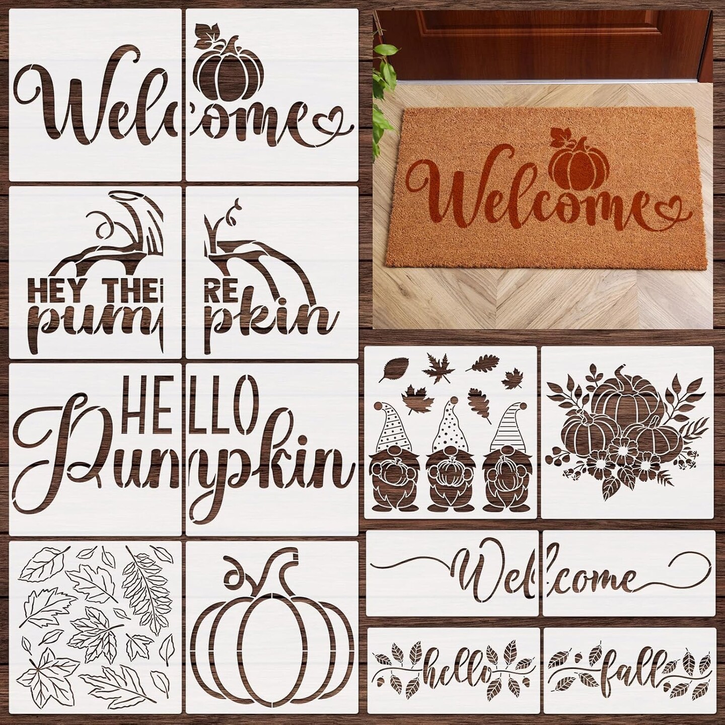 14 Pieces Fall Pumpkin Stencils for Doormat Painting Hello Pumpkin Welcome