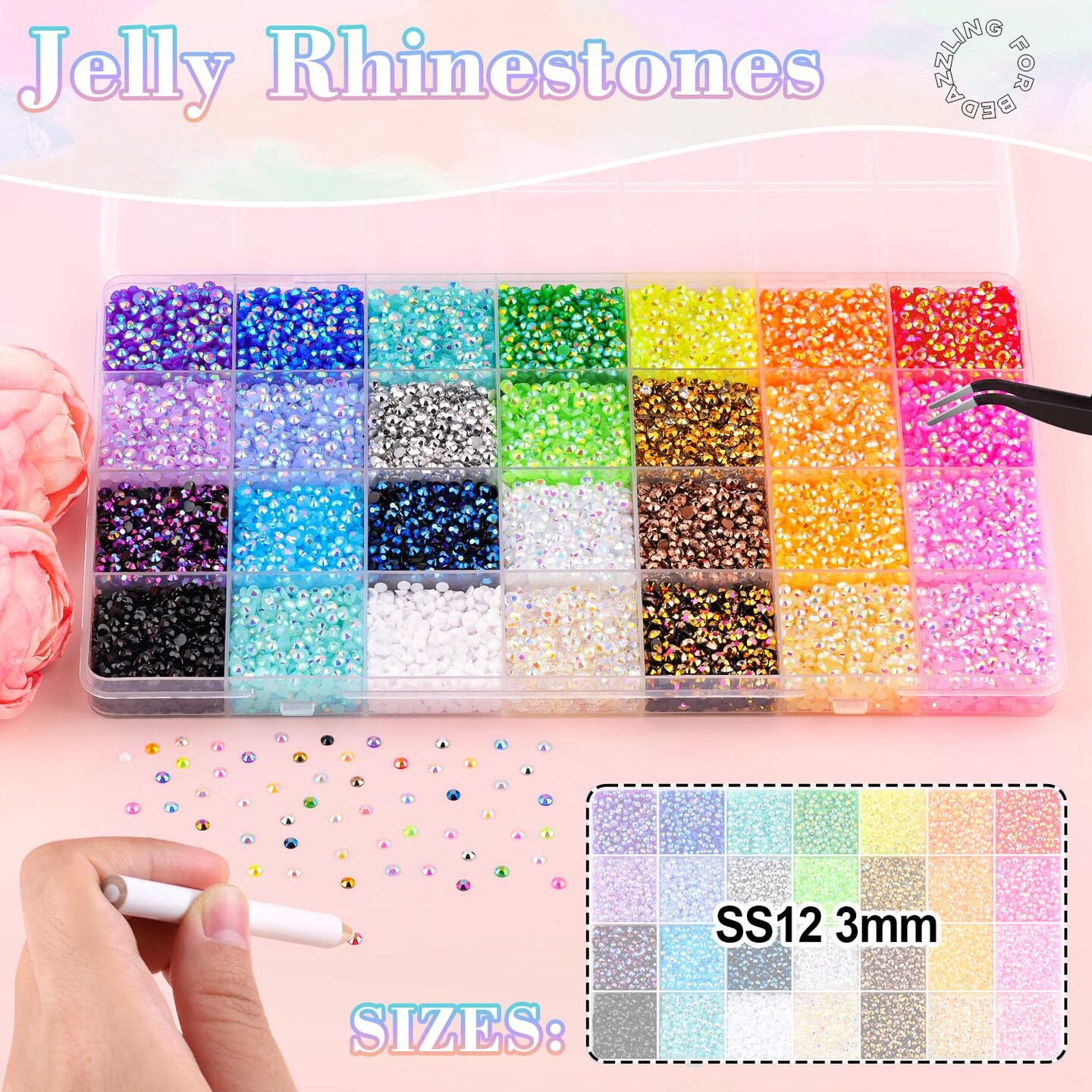 26000Pcs 3mm Flatback Resin Rhinestones with B7000 Jewelry Glue - Jelly Multicolored
