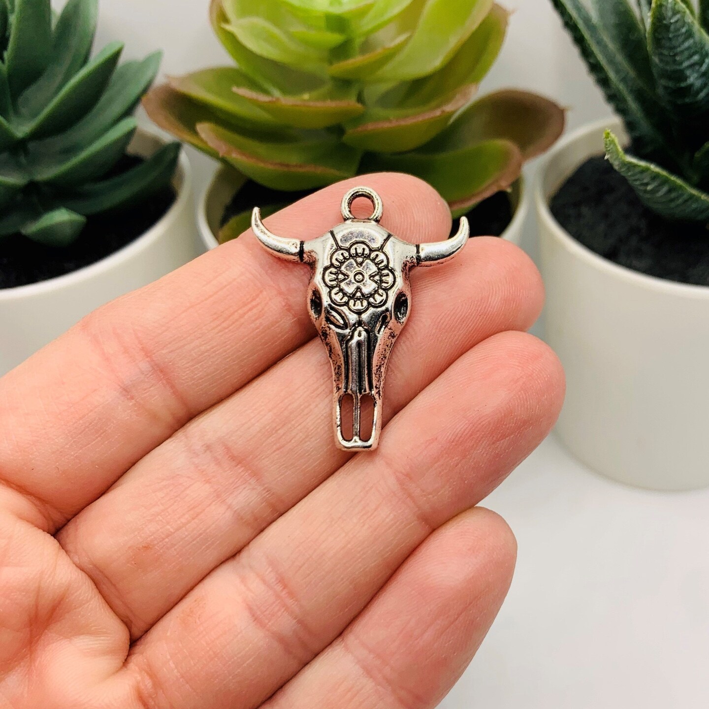 Silver Cattle Steer Skull Charms, 32x26mm