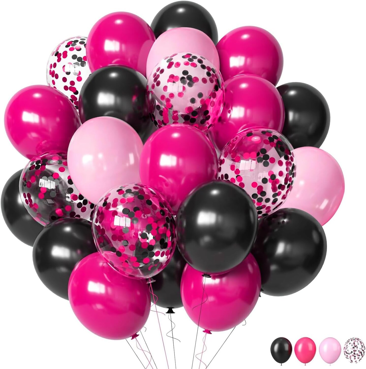 50pcs Balloons 12 Inch Hot Pink Black and Glitter Confetti Balloons