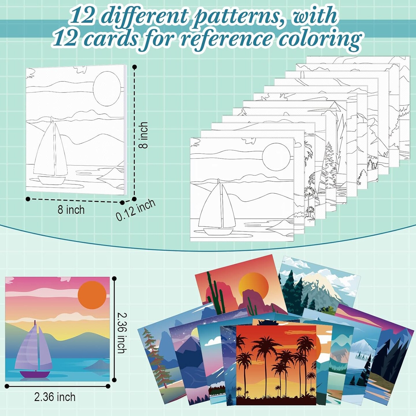 12-Piece Pre Drawn Canvas Painting Set – 8 x 8 Inch Pre Printed Canvases for Adults & Kids, Jungle, Sea, Christmas, and Landscape Themes, DIY Art Party Favor (Clear)