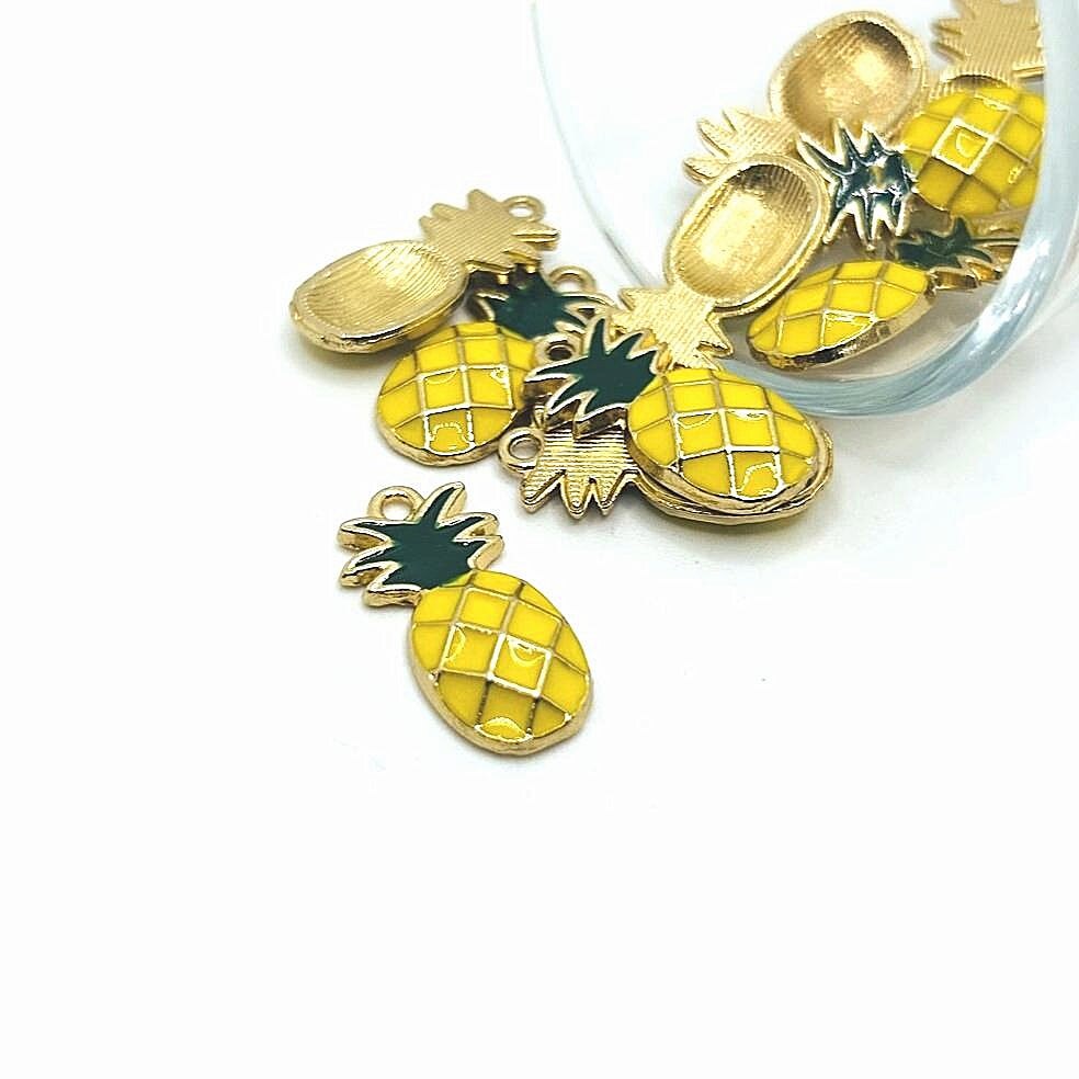 Yellow and Green Enamel Pineapple Charms with Gold Plating, 23x12mm