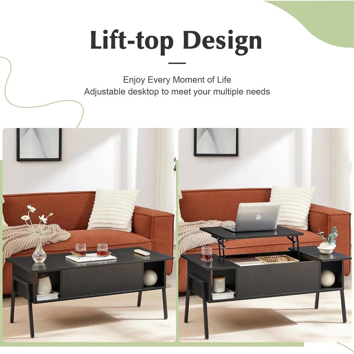 Modern Wood Coffee Table with Lift-Top Adjustable Desk and Storage Shelf for Living Room