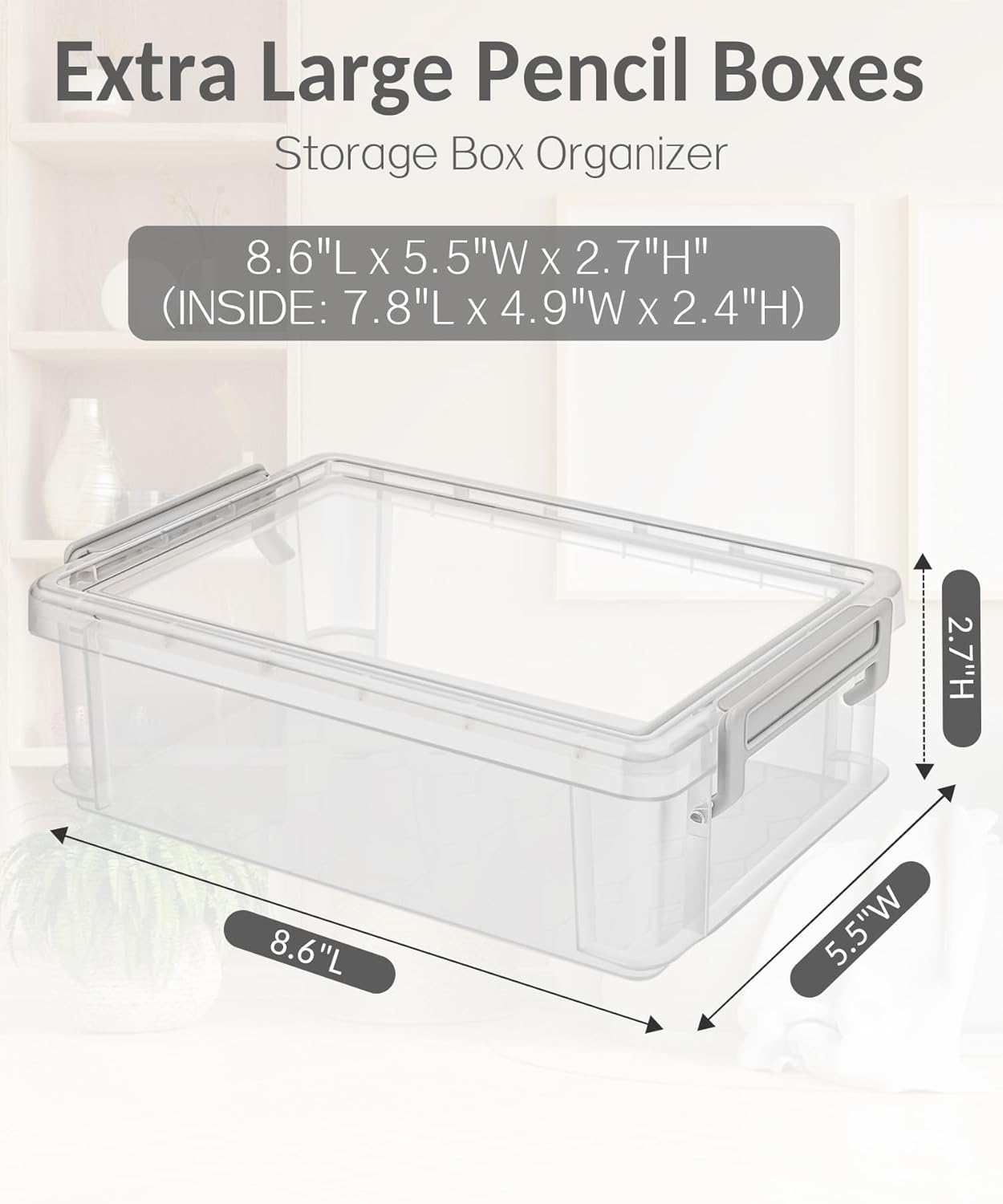 6-Pack Extra Large Clear Pencil Boxes – Stackable Plastic Storage Containers with Snap Lids for Crayons, Markers, Art Supplies, Classroom Organization & Back-to-School Teacher Essentials (Gray)