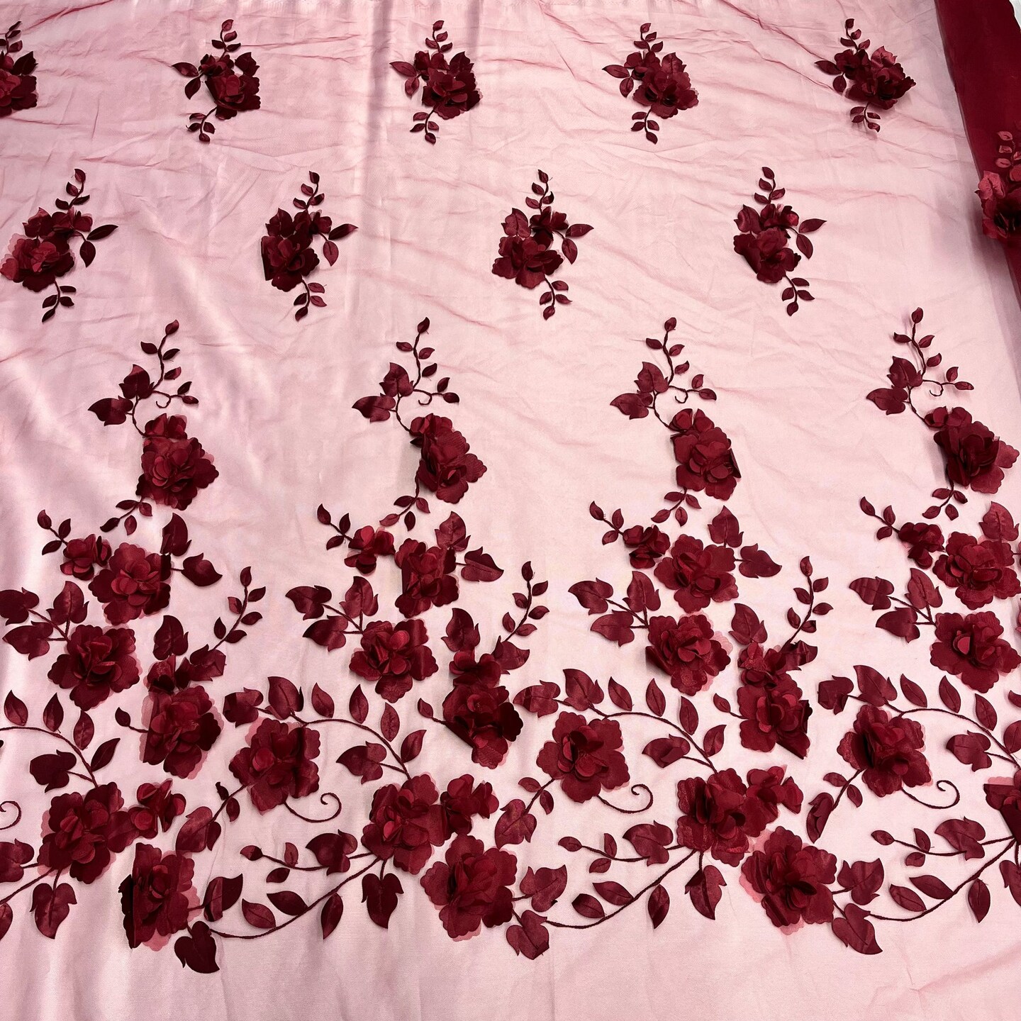 1 Yard 3D Floral Lace Fabric Embroidered Soft Tulle Net Mesh Wedding 50" Width