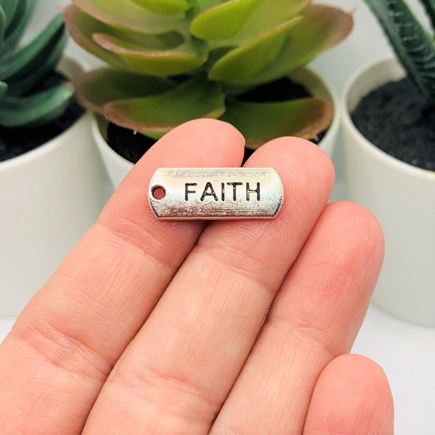 Silver Faith Word Bar Tag Charms, 8x21mm