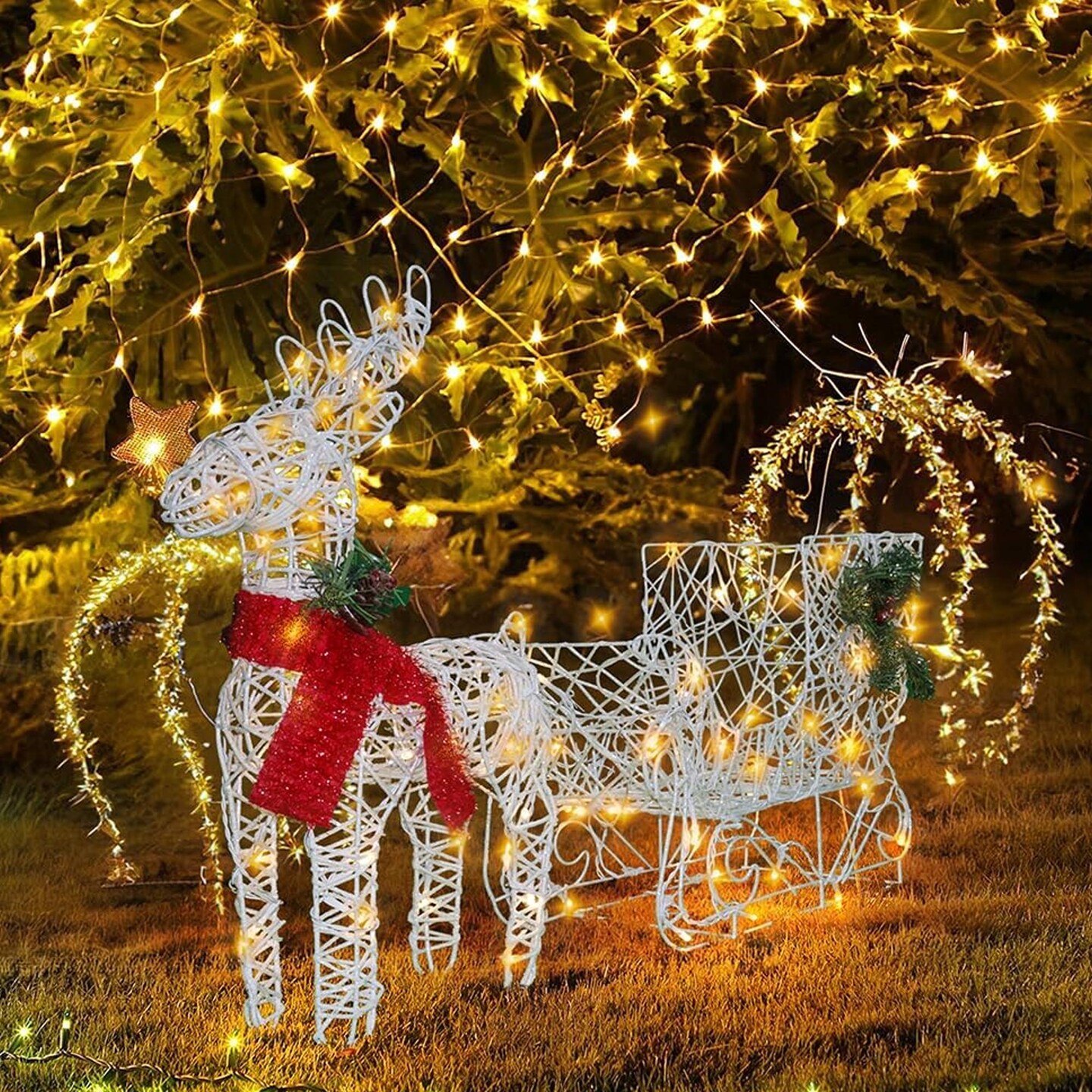 Holiday LED Brown Reindeer with Sleigh, Warm White Twinkling Christmas Lights