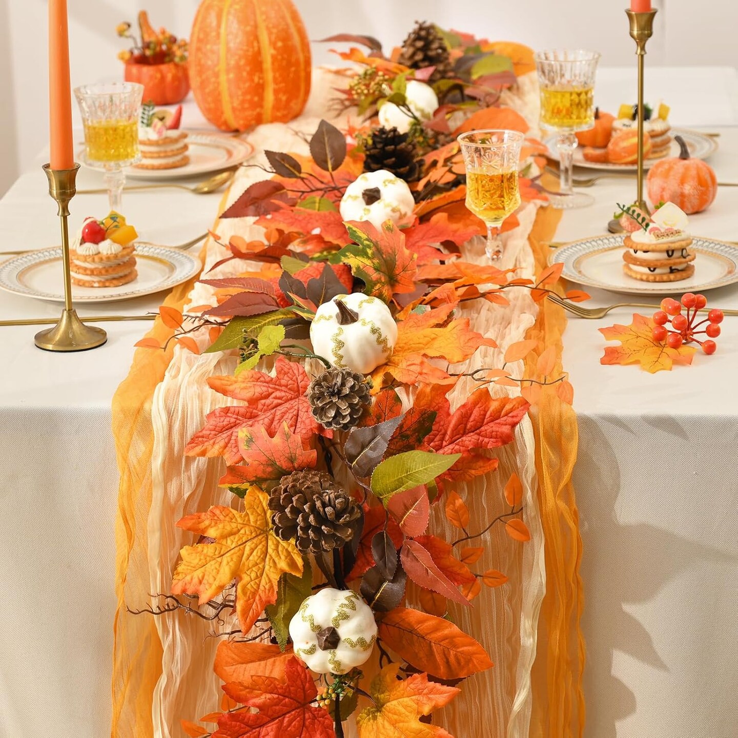 6 FT Fall Garland with White Gilded Pumpkins