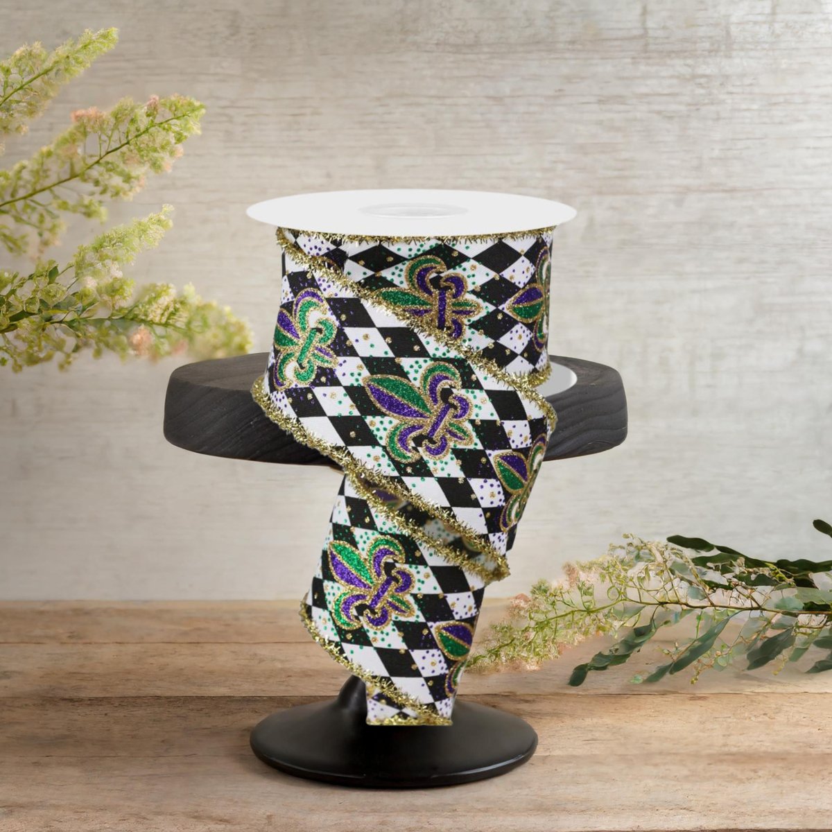 2.5&#x22; Fleur De Lis Harlequin Tinsel Ribbon: Mardi Gras (10 Yards)