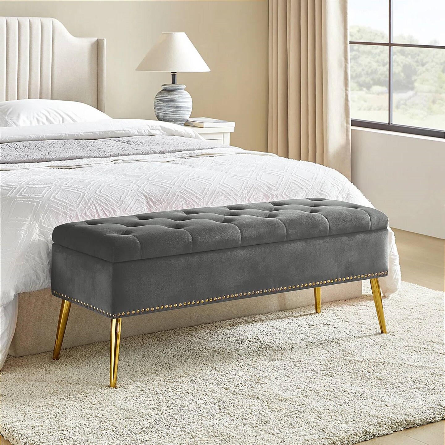 Upholstered Velvet Storage Bench with Tufted Seat and Gold Metal Legs