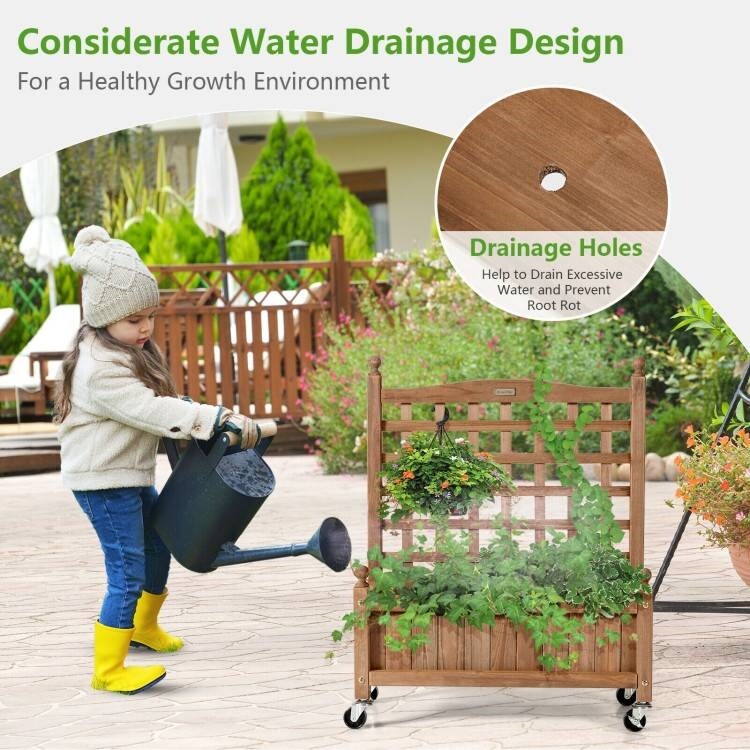 Dark Brown Fir Wood Plant Trellis Planter with Lockable Wheels and Deep 6.5" Planting Bed