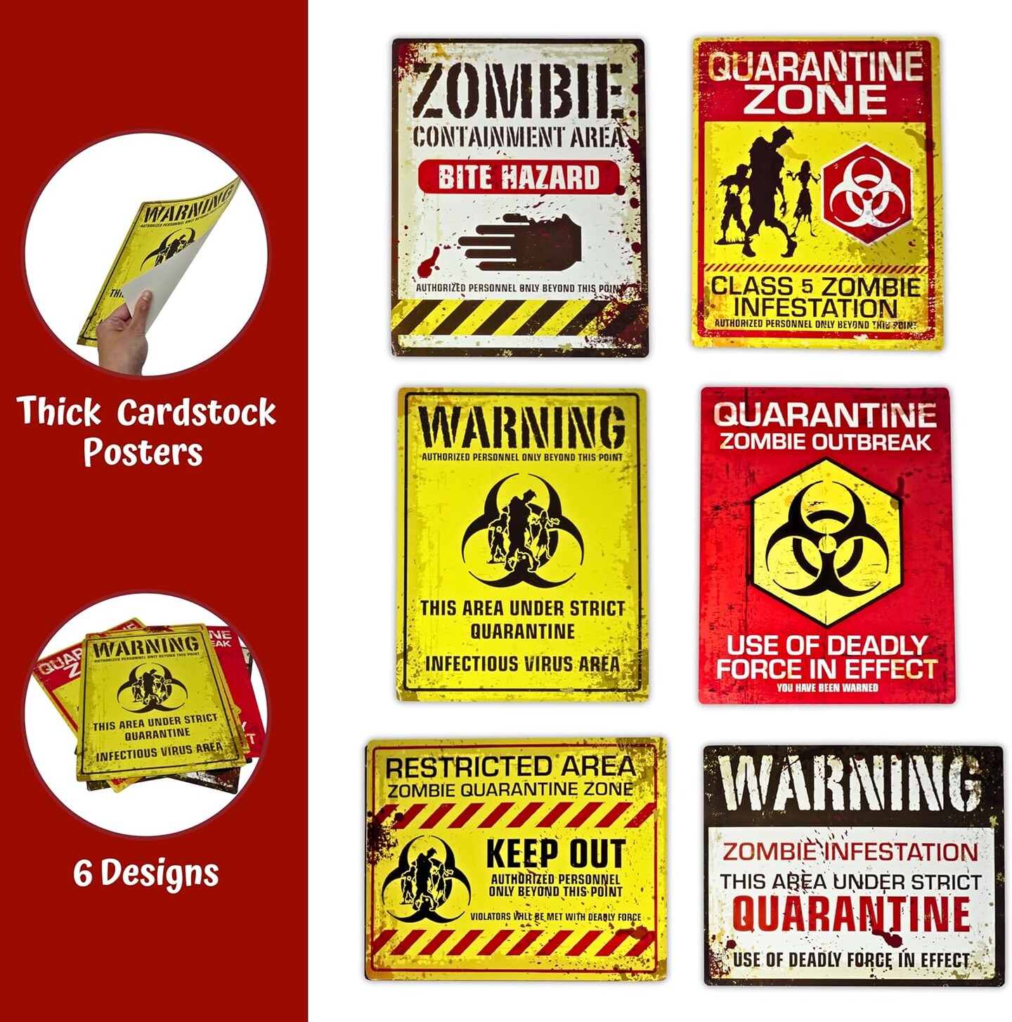 4E's Novelty Halloween Zombie Warning Signs with 20ft Caution Tape – 6 Pack 11x14 Creepy Posters for Indoor Outdoor Haunted House, Graveyard, Front Yard, Door, Wall, Garden, Balcony Party Decor