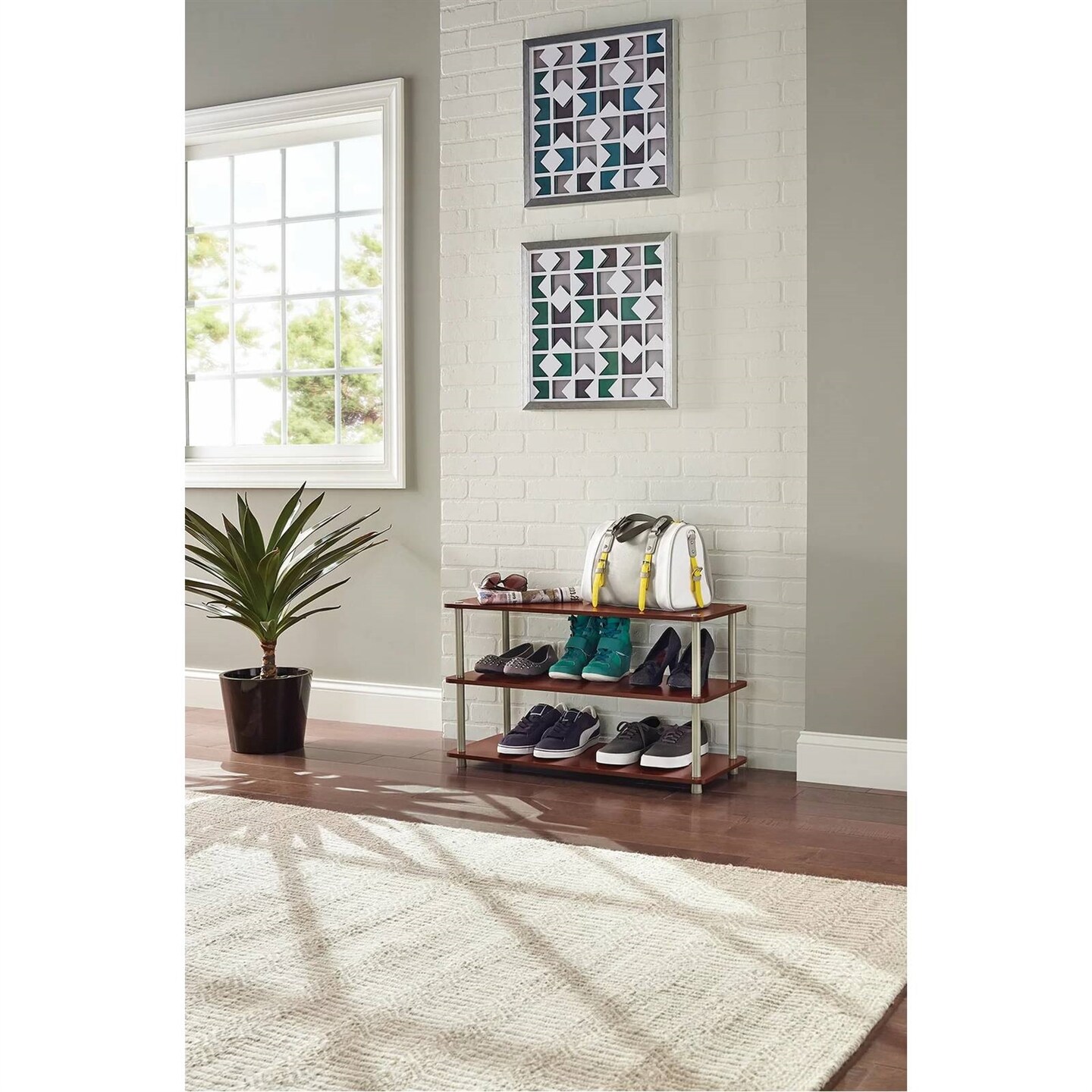 Dark Cherry Wood 3-Shelf Freestanding Shoe Rack for 12 Pairs with Metal Accents