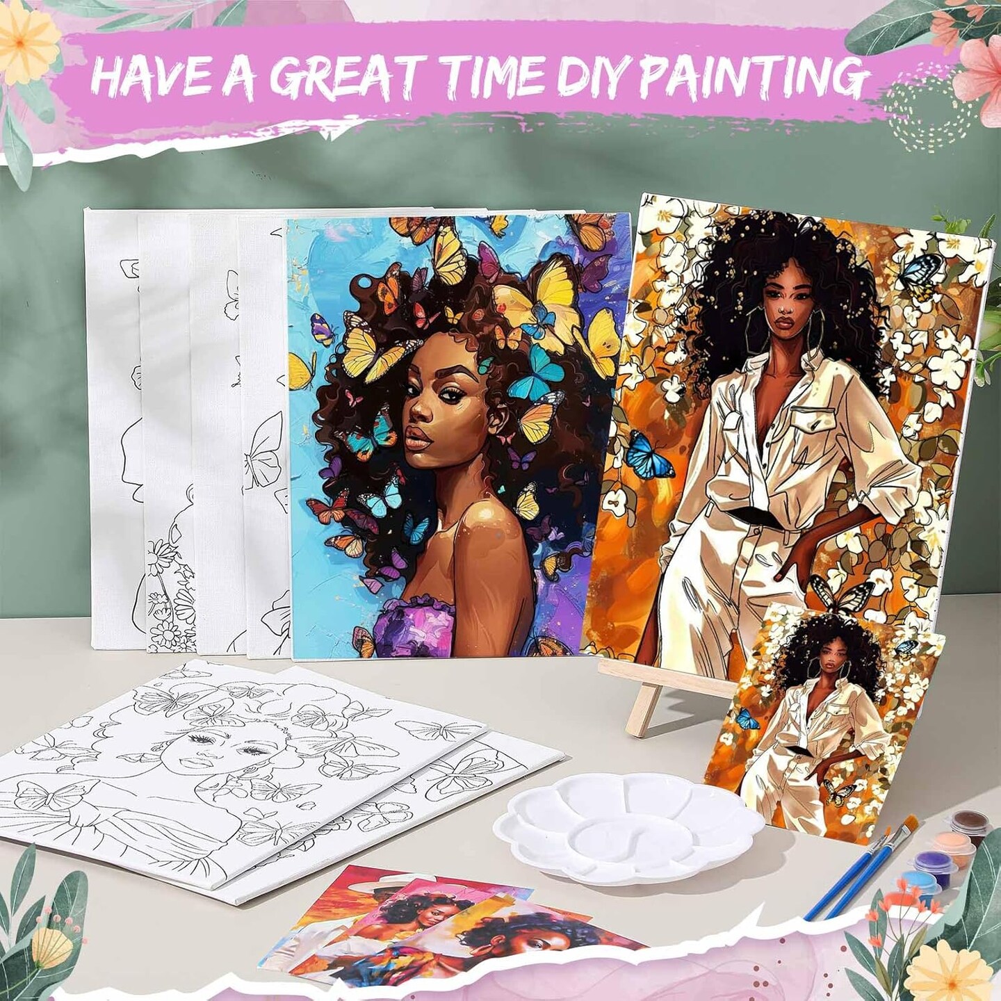 16-Set Pre-Drawn Canvas Painting Kit for Sip & Paint Parties – 8 x 10 Inch Preprinted Canvases with Easels, Brushes, Paints & Disposable Aprons for Adults & Kids (Black Girl Theme)