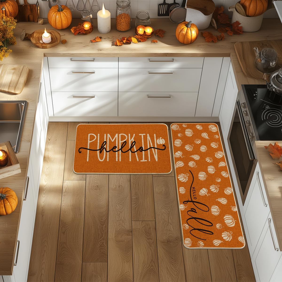Orange Hello Pumpkin Fall Kitchen Mats Set of 2, Autumn Home Decor Low-Profile Kitchen Rugs for Floor - 17x29 and 17x47 Inch