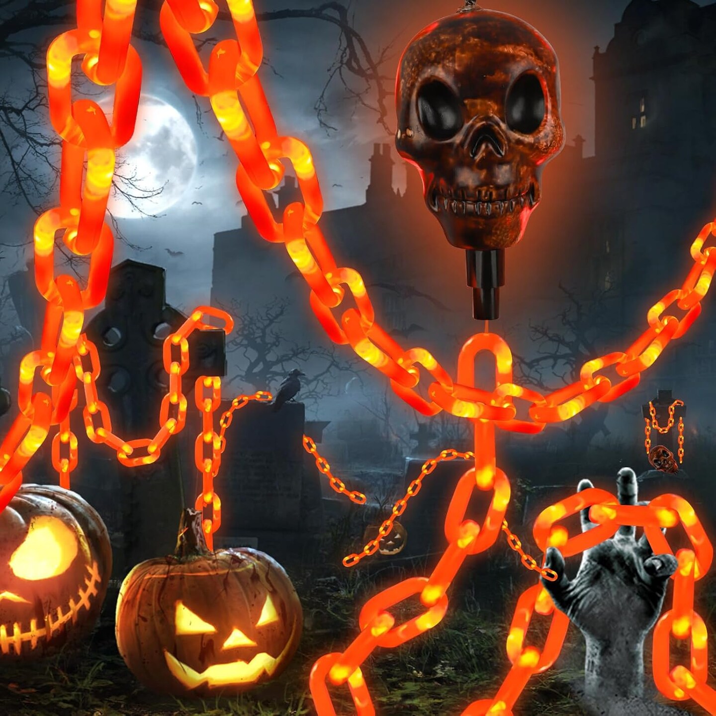 Battery-Powered Plastic Skull Chain Lights – 5FT, 45 LED Orange Halloween String Lights with 8 Modes (Orange)