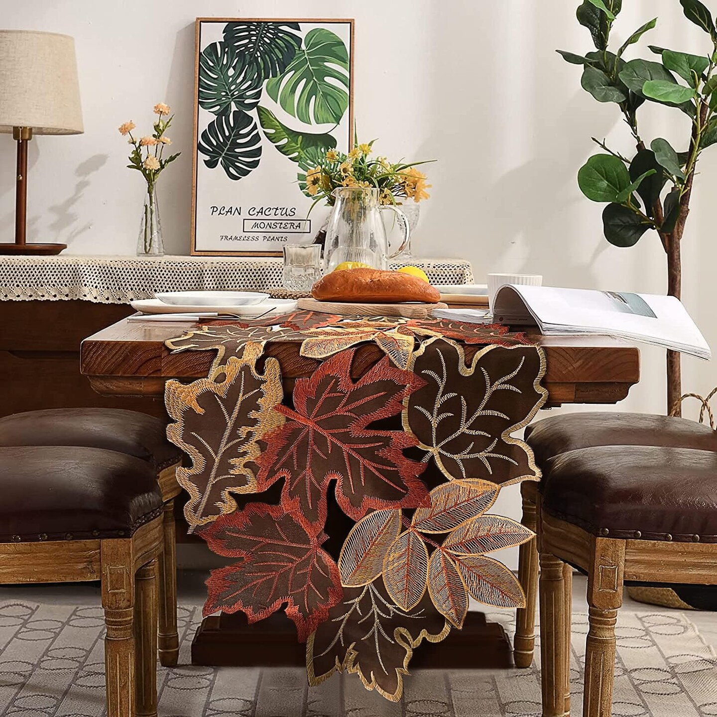 Fall Thanksgiving Table Runner with Embroidered Maple Leaves