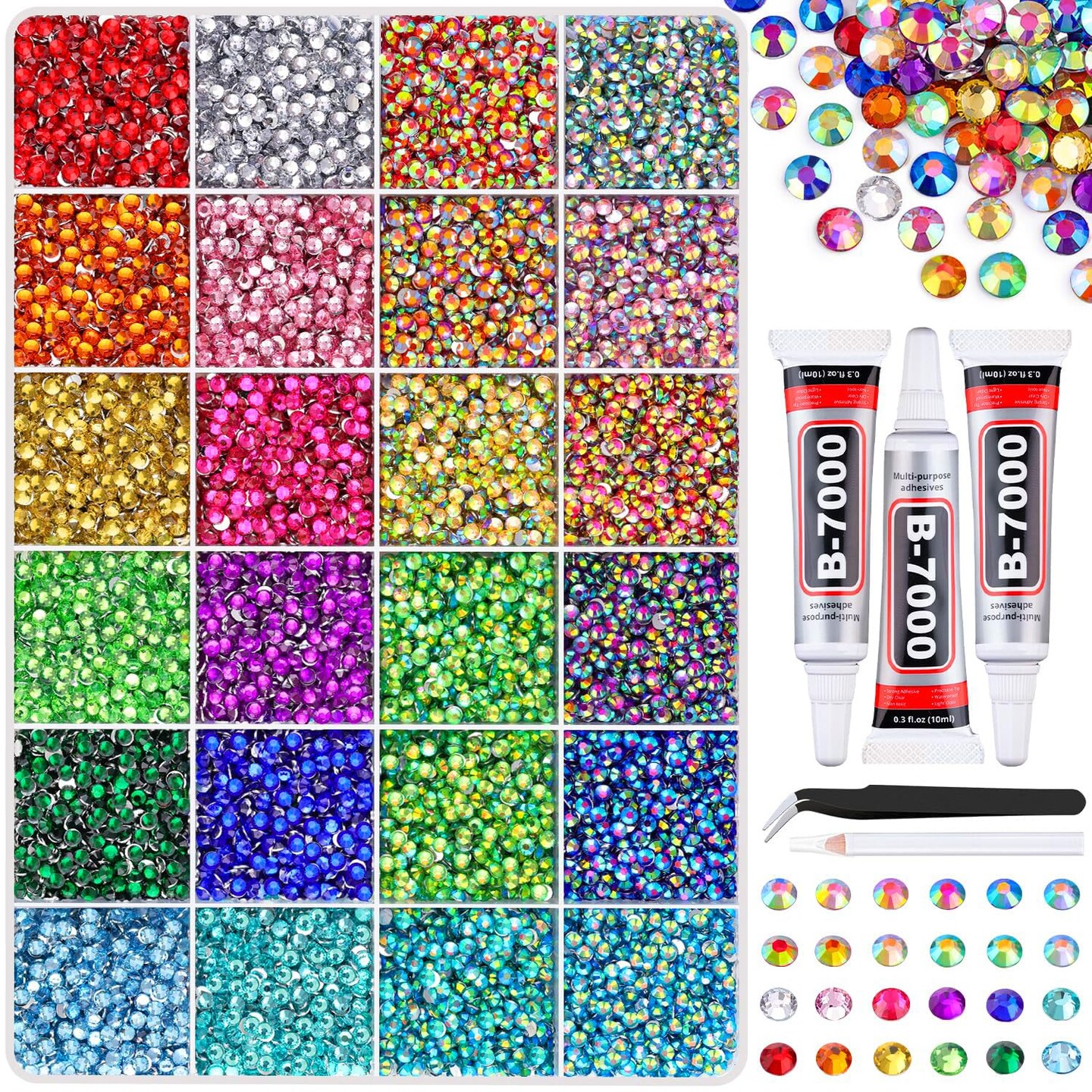 6,600pcs Mixed-Color 5mm Resin Rhinestones – Includes Tweezers & 3×10ml B7000 Jewelry Glue, Perfect for DIY Crafts, Bedazzling Clothing, Tumblers, Shoes, Fabric, and Nail Art