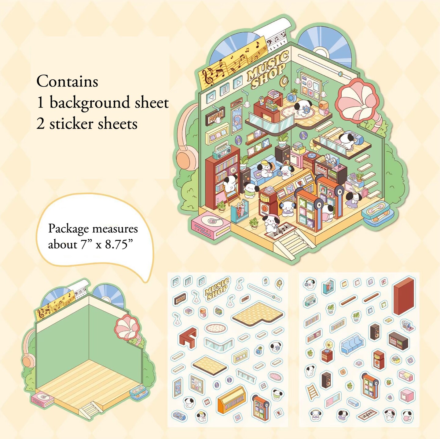 Isometric Sticker Activity Pack of 4 Styles, Cute Sticker Scenes with Tweezers, Adorabilities