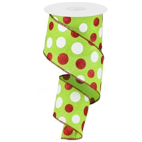2.5" Multi Glitter Dots Ribbon: Lime Green, Red, White (10 Yards)