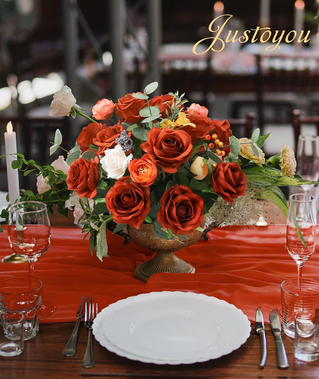 10 Pcs Artificial Burnt Orange Roses Flower