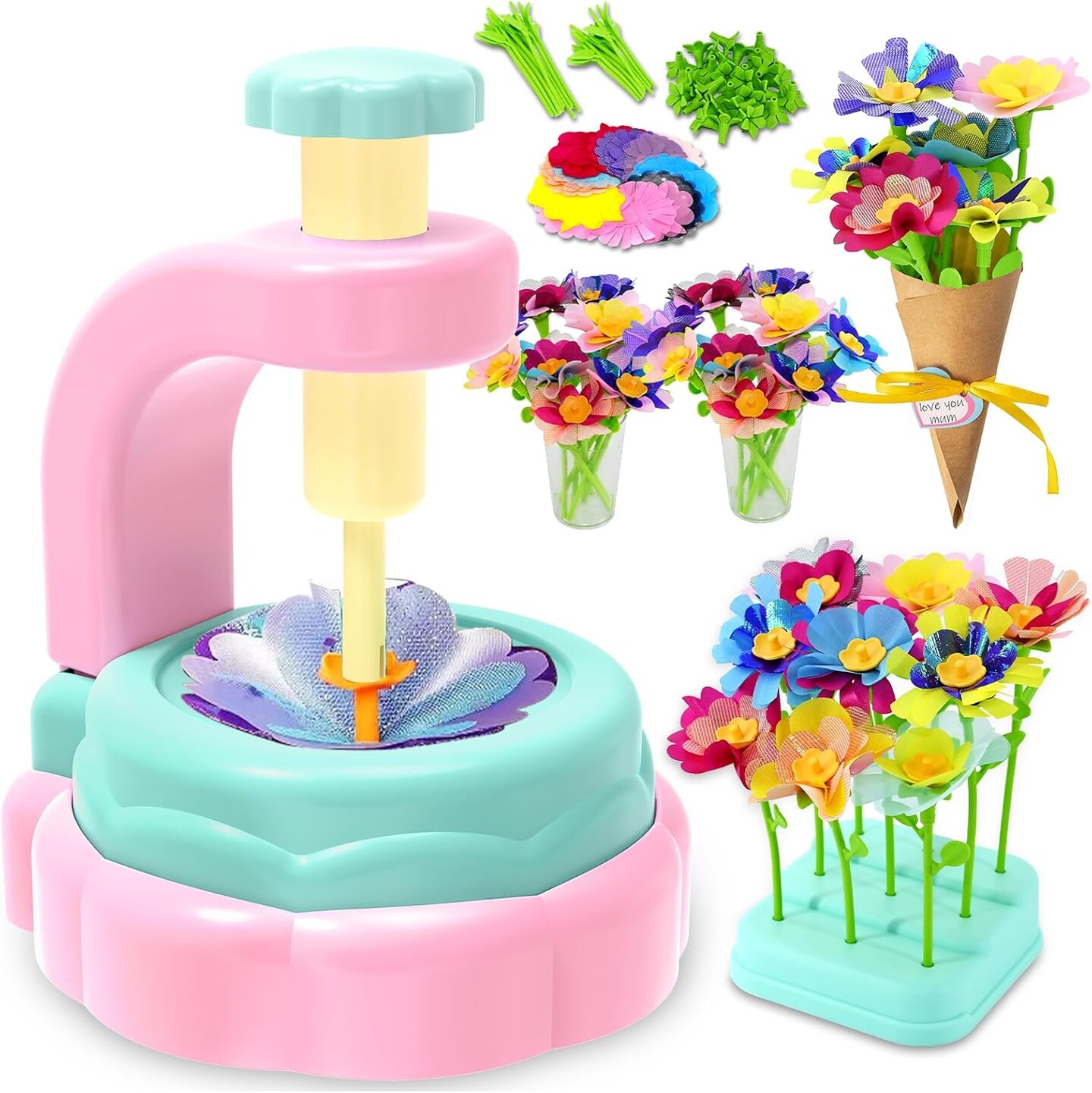 Flower Bouquet Craft Kit – DIY Arts & Crafts for Kids Ages 4-8, Girls Toys for Flower Making, Birthday Gift Craft Set with 90+ Fabric Petals, Stems, Vase, and Accessories (Pink & Blue)