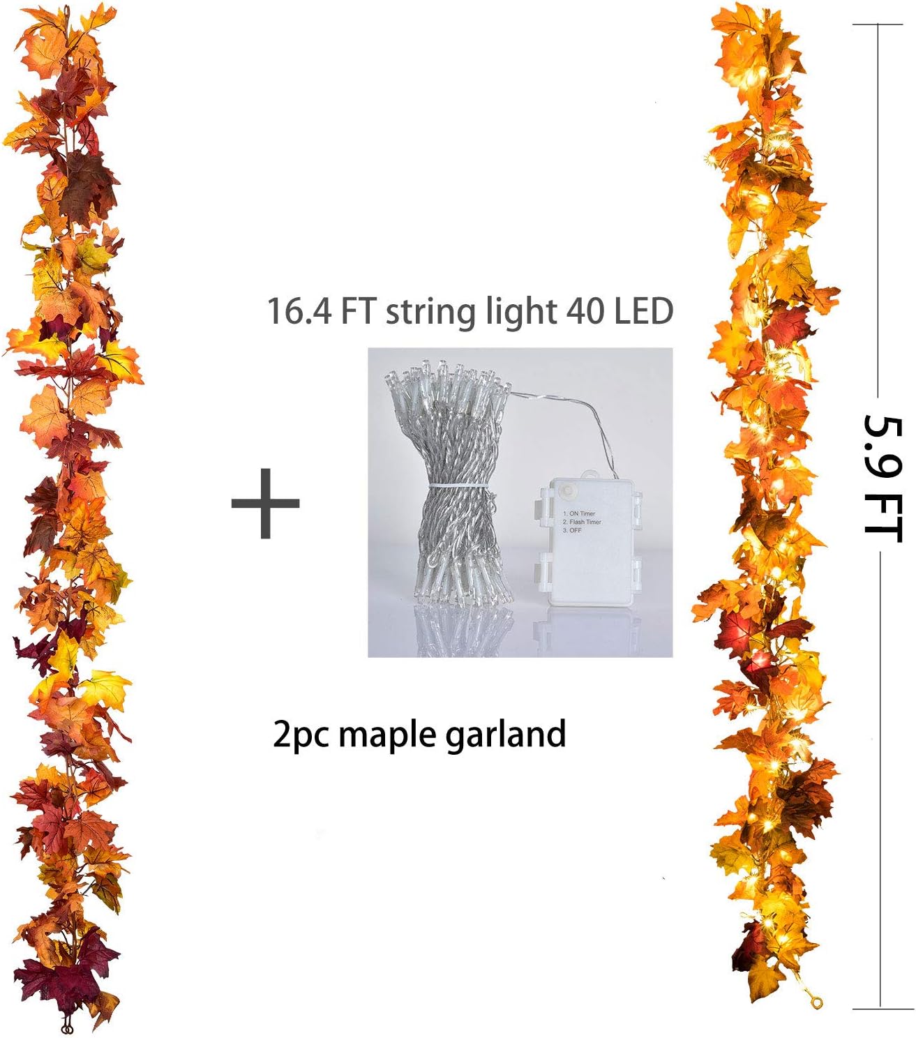 2 Pack Fall Maple Lighted Leaf Garland - 5.9Ft/Piece - 40 LED (Orange)