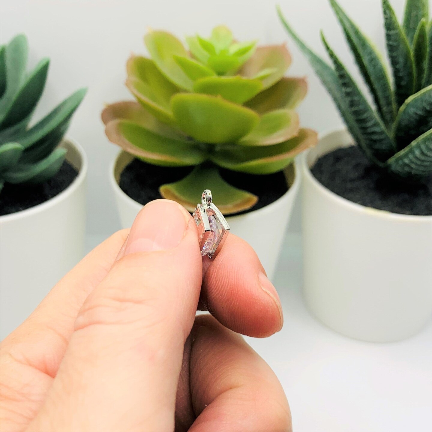 Cubic Zirconia Caged Rhombus Charms with Silver, 14x11mm