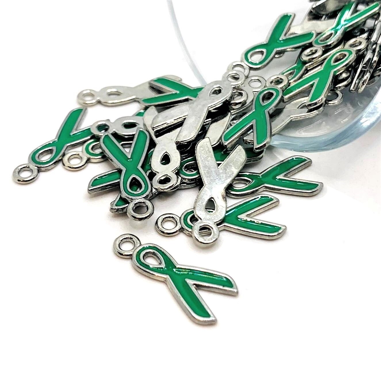 Green Awareness Mental Health Ribbon Charms, 20x9mm