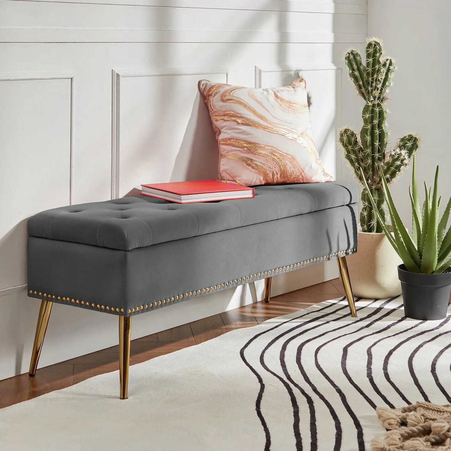 Upholstered Velvet Storage Bench with Tufted Seat and Gold Metal Legs
