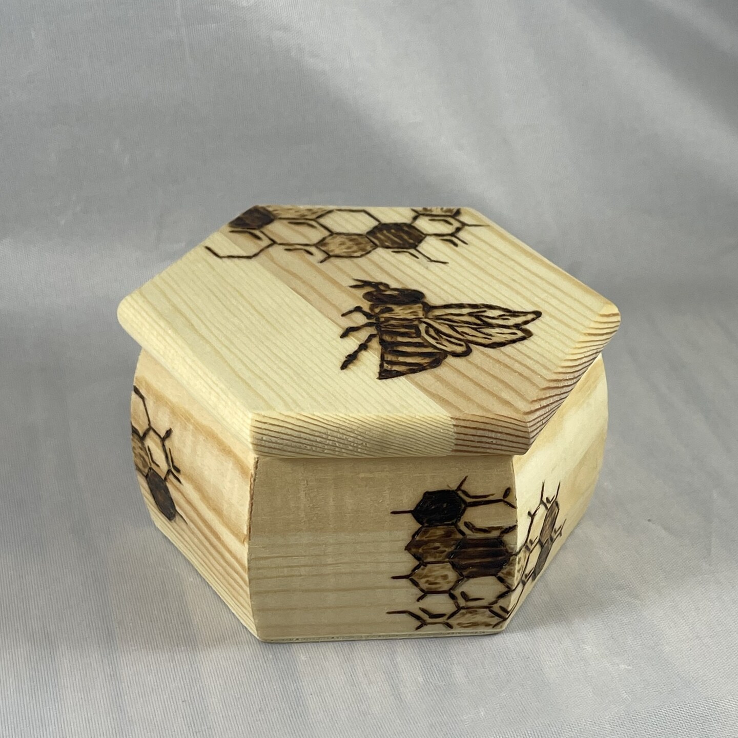 Honeybee Honeycomb Hexagons Wood Burned Small Hexagon Box