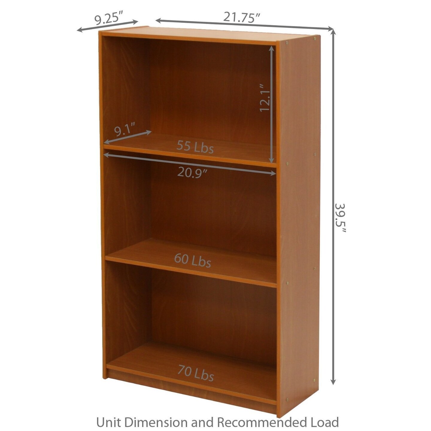 Modern Light Cherry Wooden 3-Tier Bookcase with Open Storage Shelves for Home or Office Use