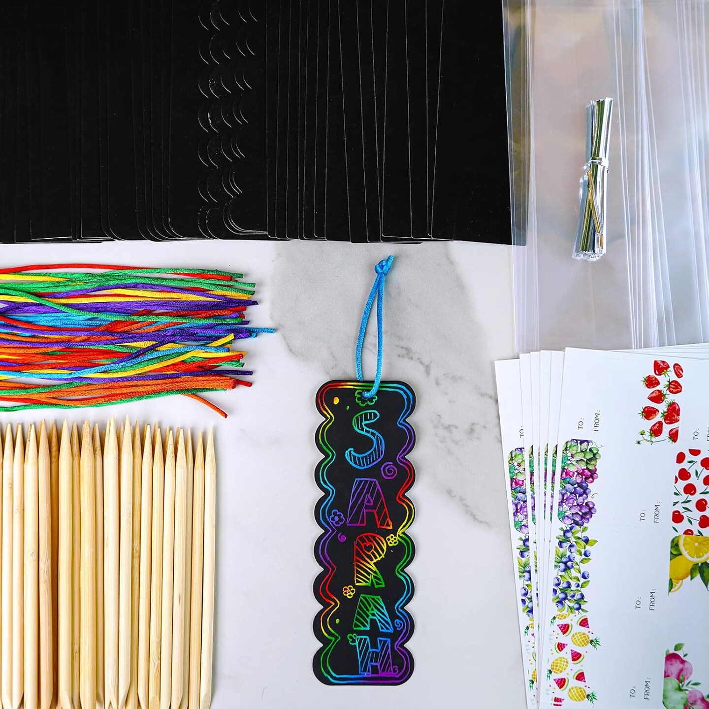 48-Set Rainbow Scratch Art Bookmark Kit – DIY Craft Set with 6 Designs, Scratch Tools, Ribbons & Gift Bags – Party Favors, Classroom Activities, Arts & Crafts for Kids and Students (Black,Clear)