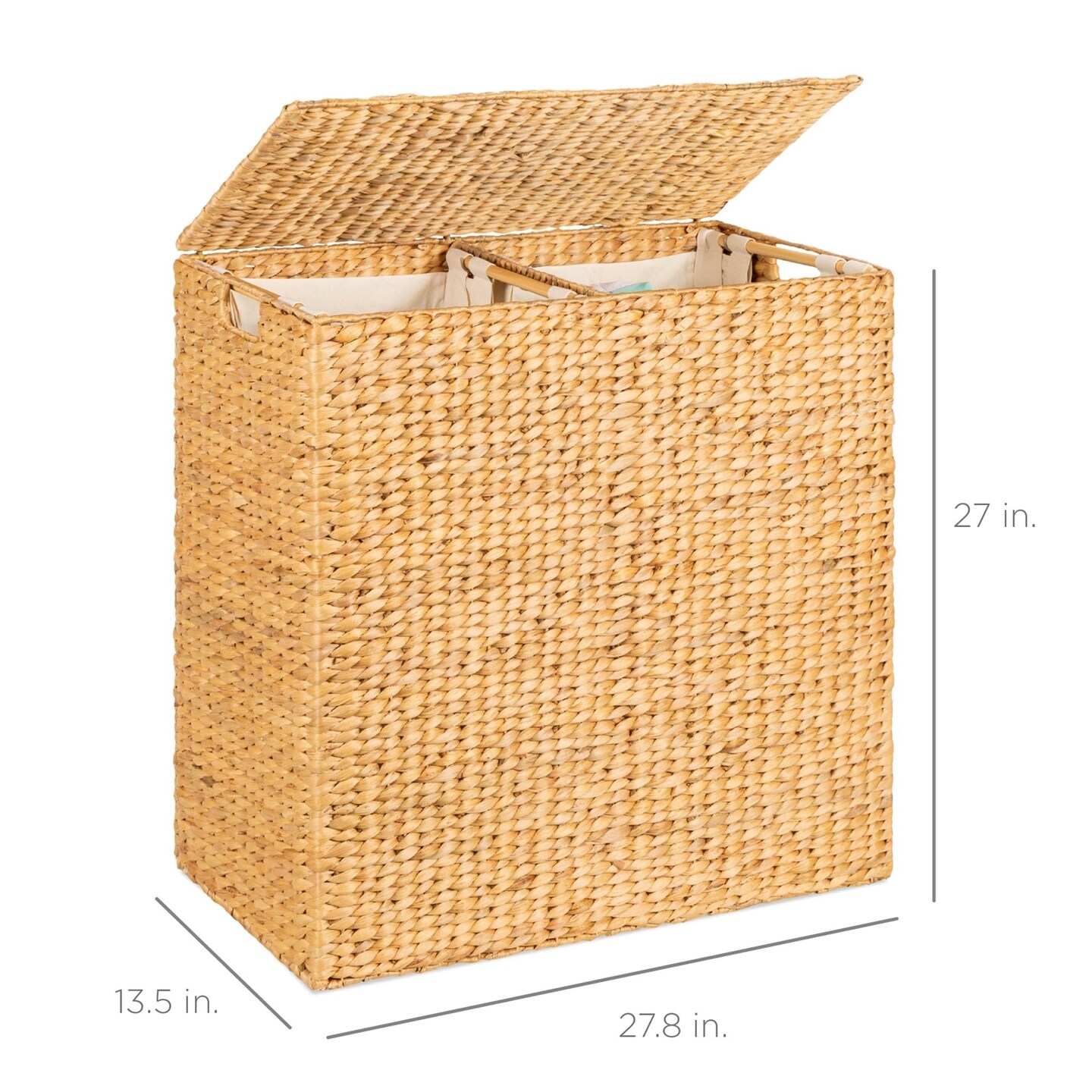 Natural Water Hyacinth 2-Bin Laundry Hamper with Lid and Canvas Liners