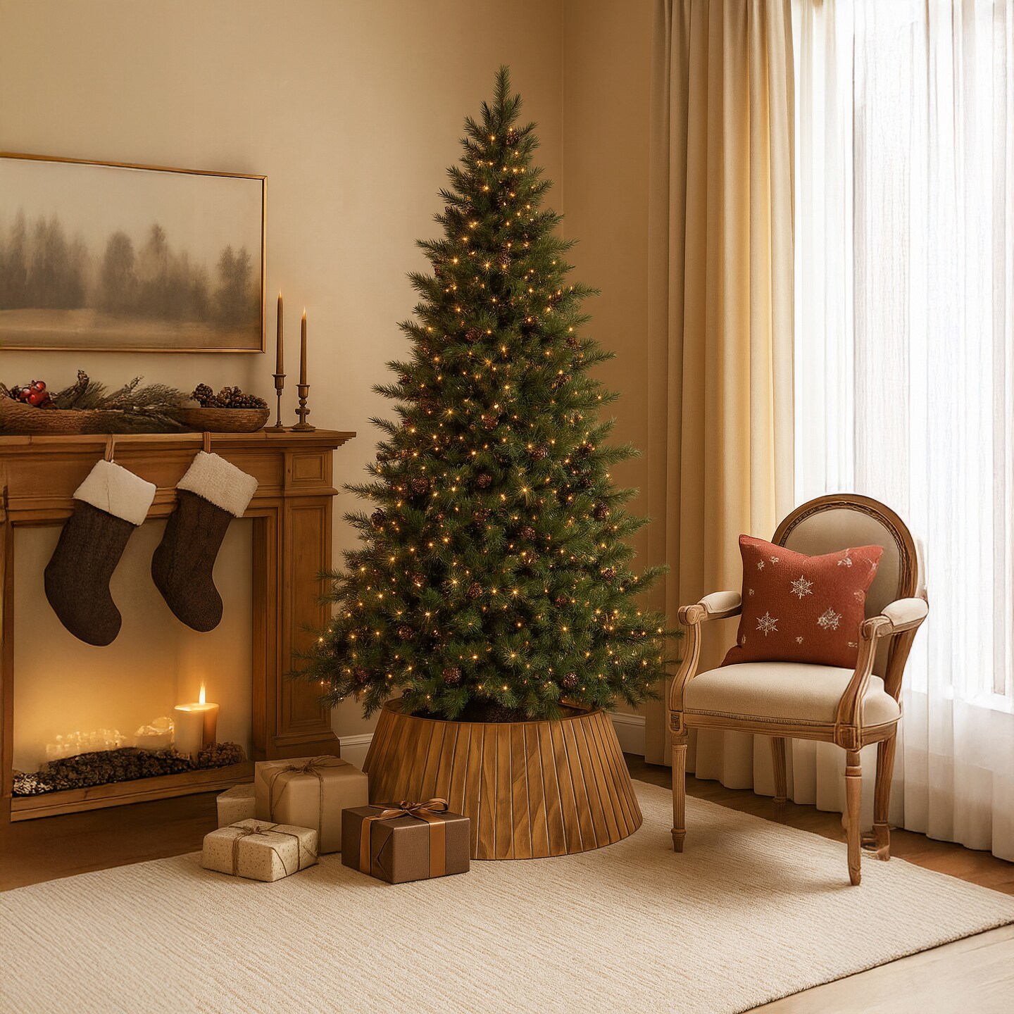 Gardenised Natural Wood Christmas Tree Collar Box with Slatted Panel Design Foldable Tapered Base Cover for Holiday Tree Stand Skirt Alternative for Indoor Seasonal Displays and Festive Home Decor