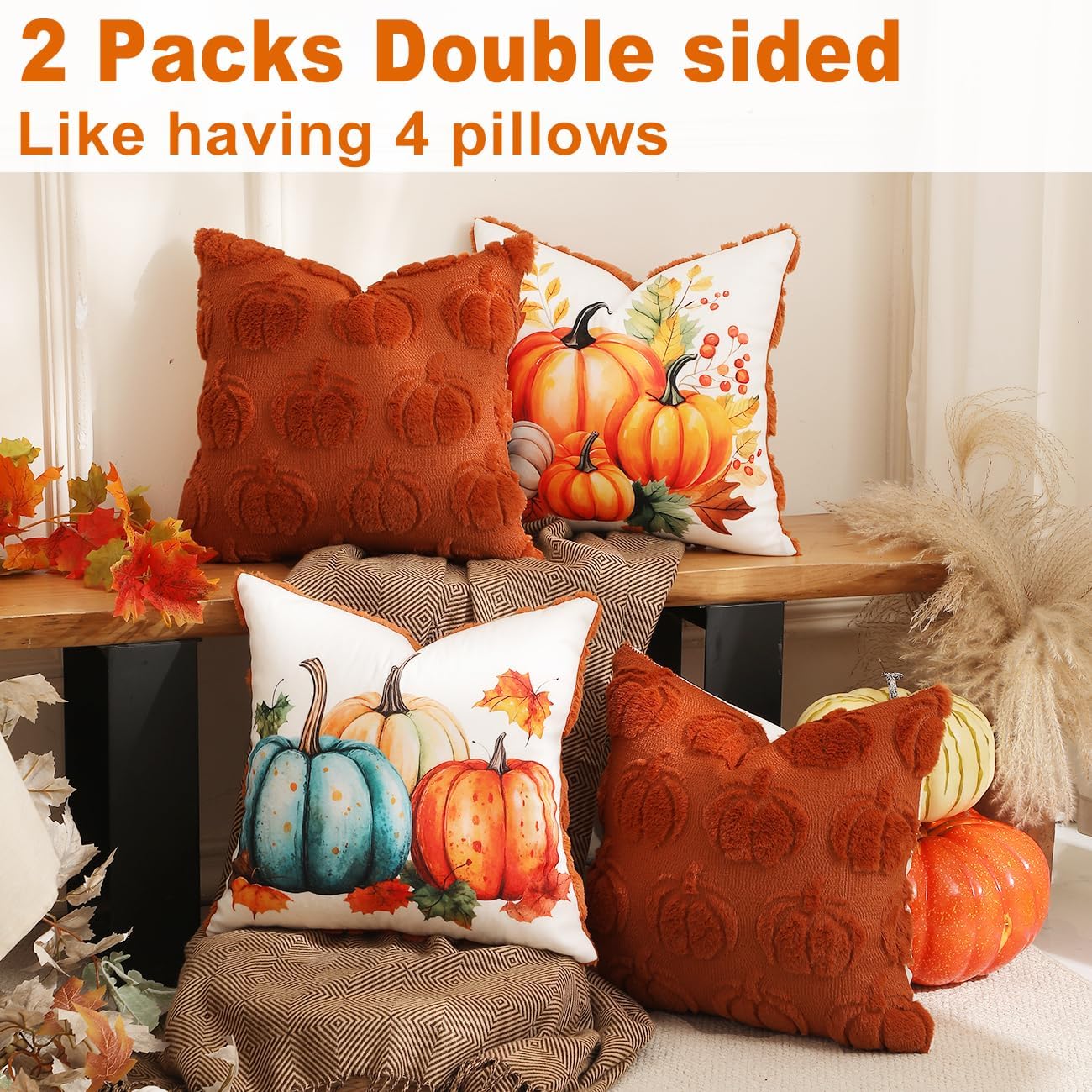 2 Packs Double Sided Throw Fall Pillow Covers - 18x18 (Pumpkins)