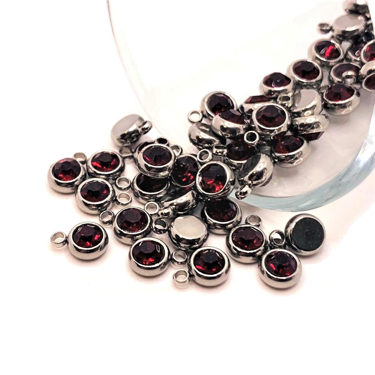 201 Stainless Steel, Dark Red Garnet January Birthstone Rhinestone Charms, 8x6mm