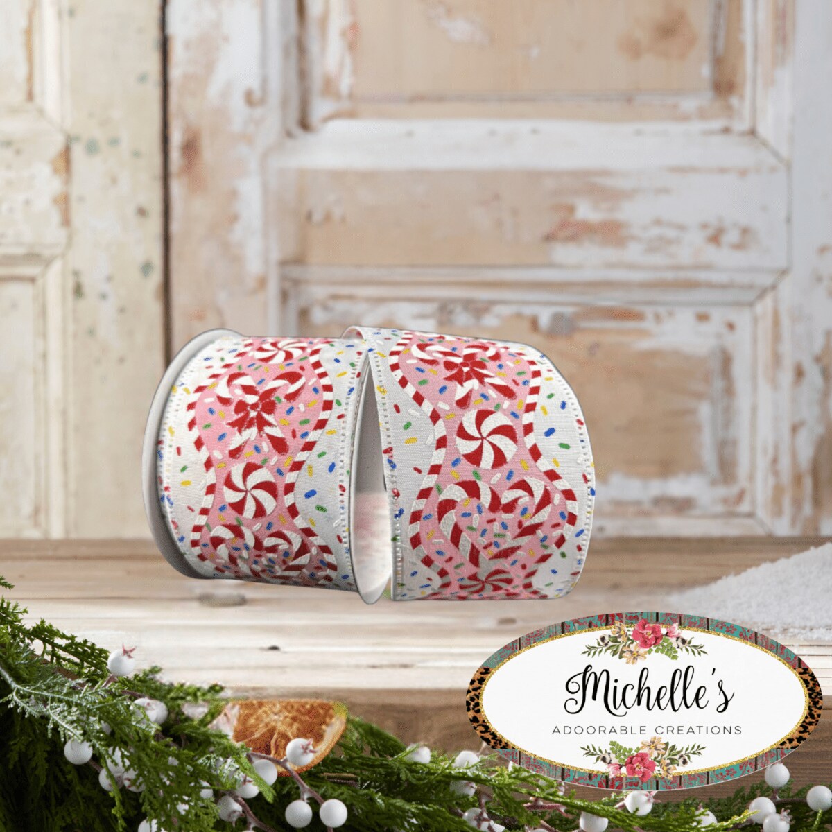 2.5&#x22; Candy Cane Sprinkle Ribbon: White (10 Yards)