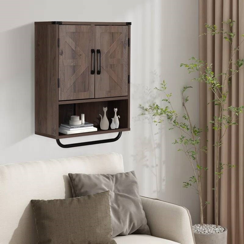 Modern Wooden Bathroom Wall Storage Cabinet with Doors and Towel Rack, Adjustable Shelves