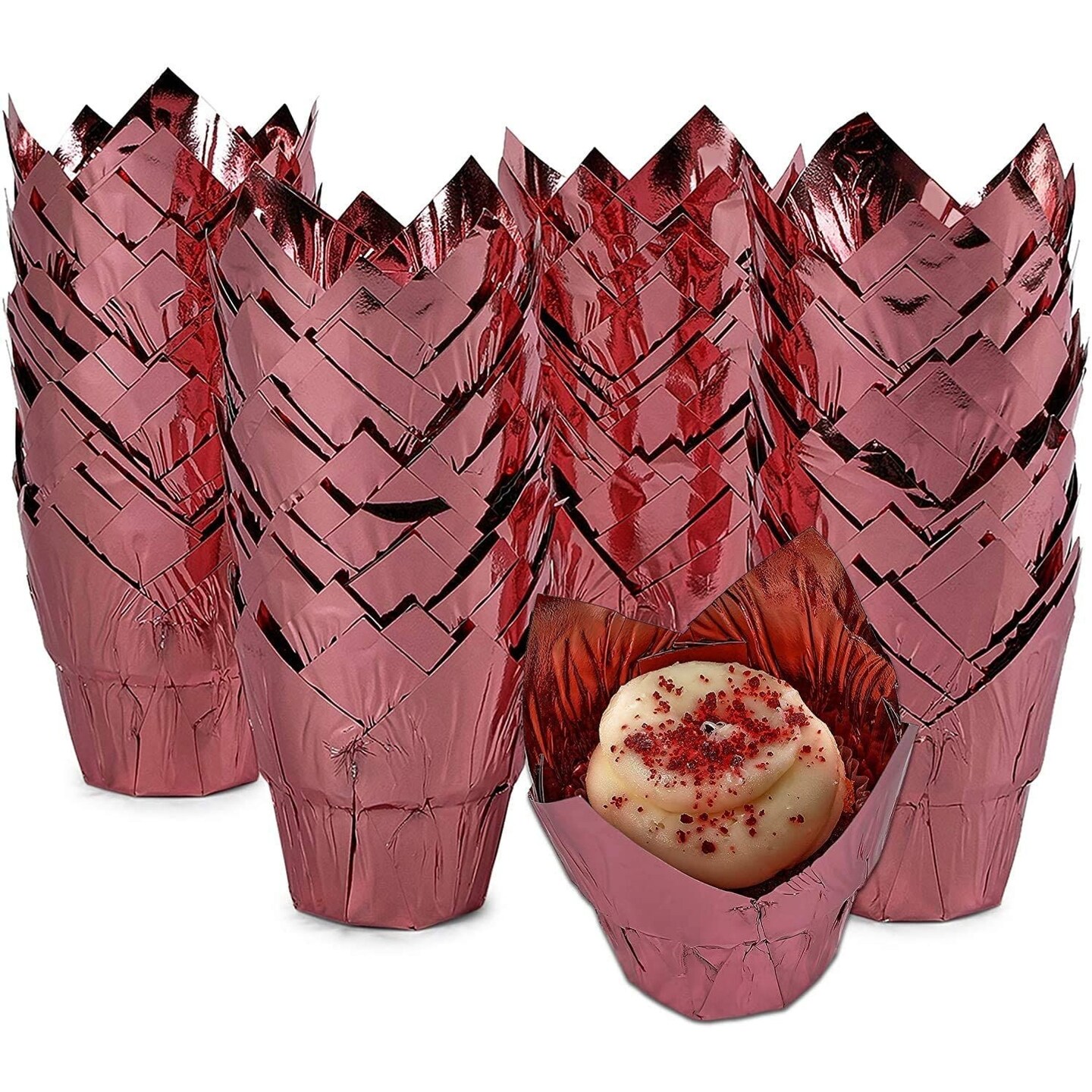 Rose Gold Tulip Cupcake Liners, Foil Muffin Baking Cups 3.25 x 2.8 In, 100 Pack)