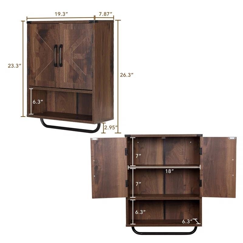 Modern Wooden Bathroom Wall Storage Cabinet with Doors and Towel Rack, Adjustable Shelves
