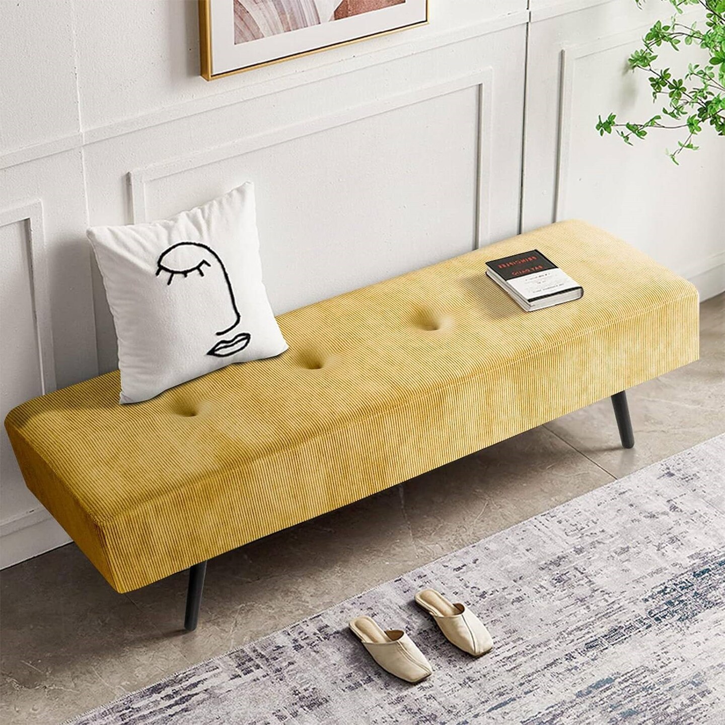 Modern Corduroy Upholstered End of Bed Searing Bench with Black Metal Legs for Living Room