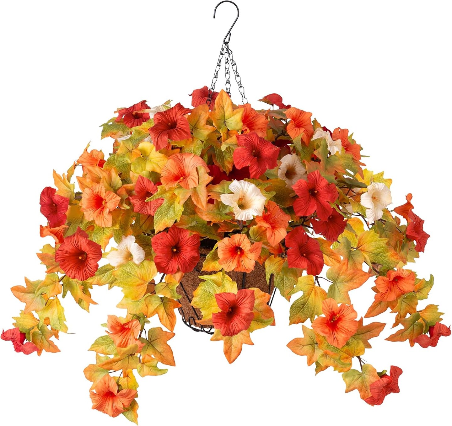 Artificial Fall Flowers with Hanging Basket, UV Resistant Faux Petunias for Outdoor and Indoor Autumn Decor