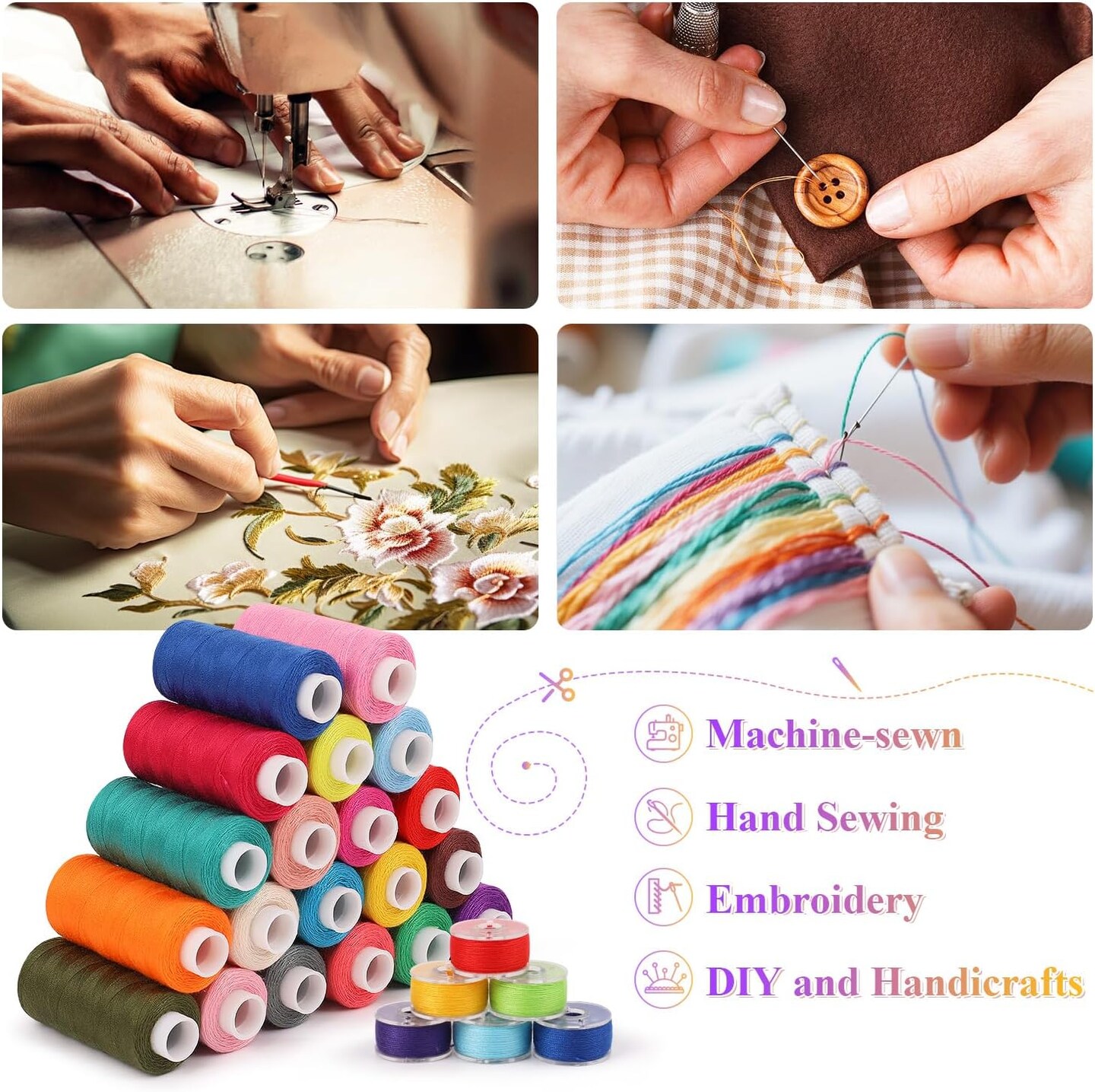 72-Piece Sewing Thread Kit – 36 Colors, 400 Yards per Spool, Polyester Prewound Bobbins with Needles & Threader for Hand and Machine Sewing, DIY & Home Crafts