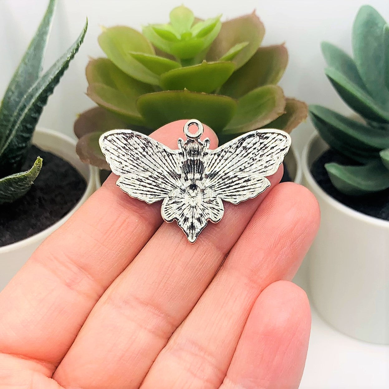 Large Silver Death&#x27;s Head Moth Charms, 43x27mm