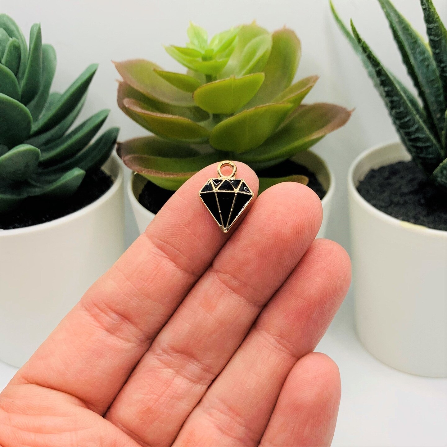 Gold Diamond Shape and Black Enamel Charms, 15x12mm