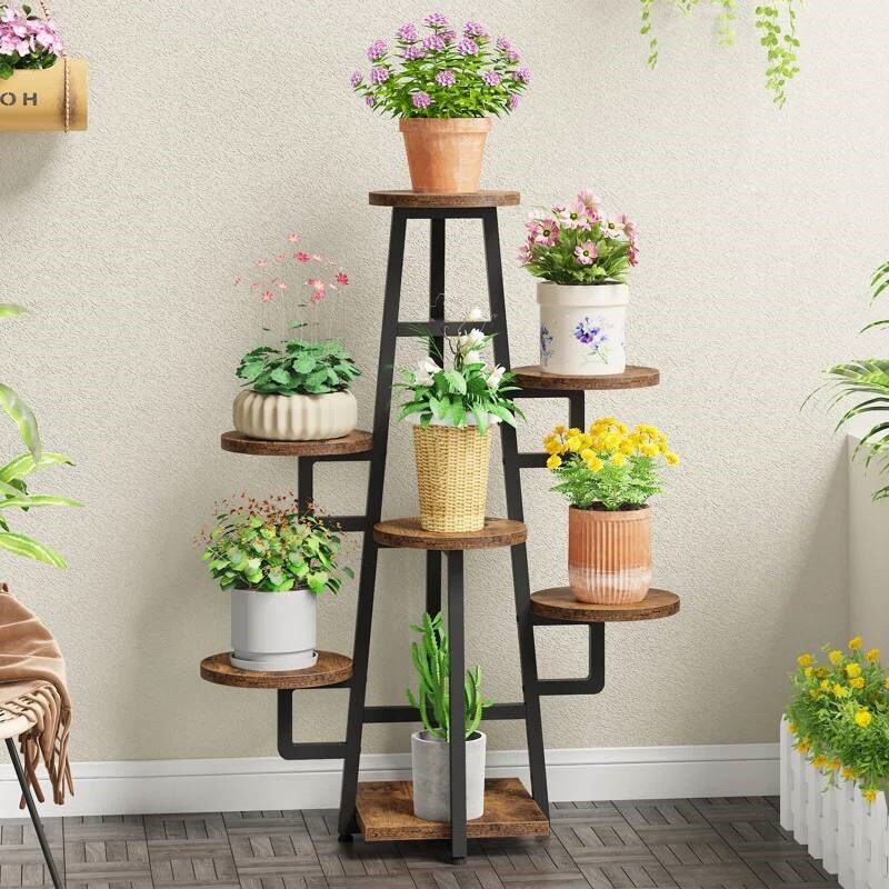 Metal and Wood 7-Tier Indoor Plant Stand with Scratch-Resistant Shelves