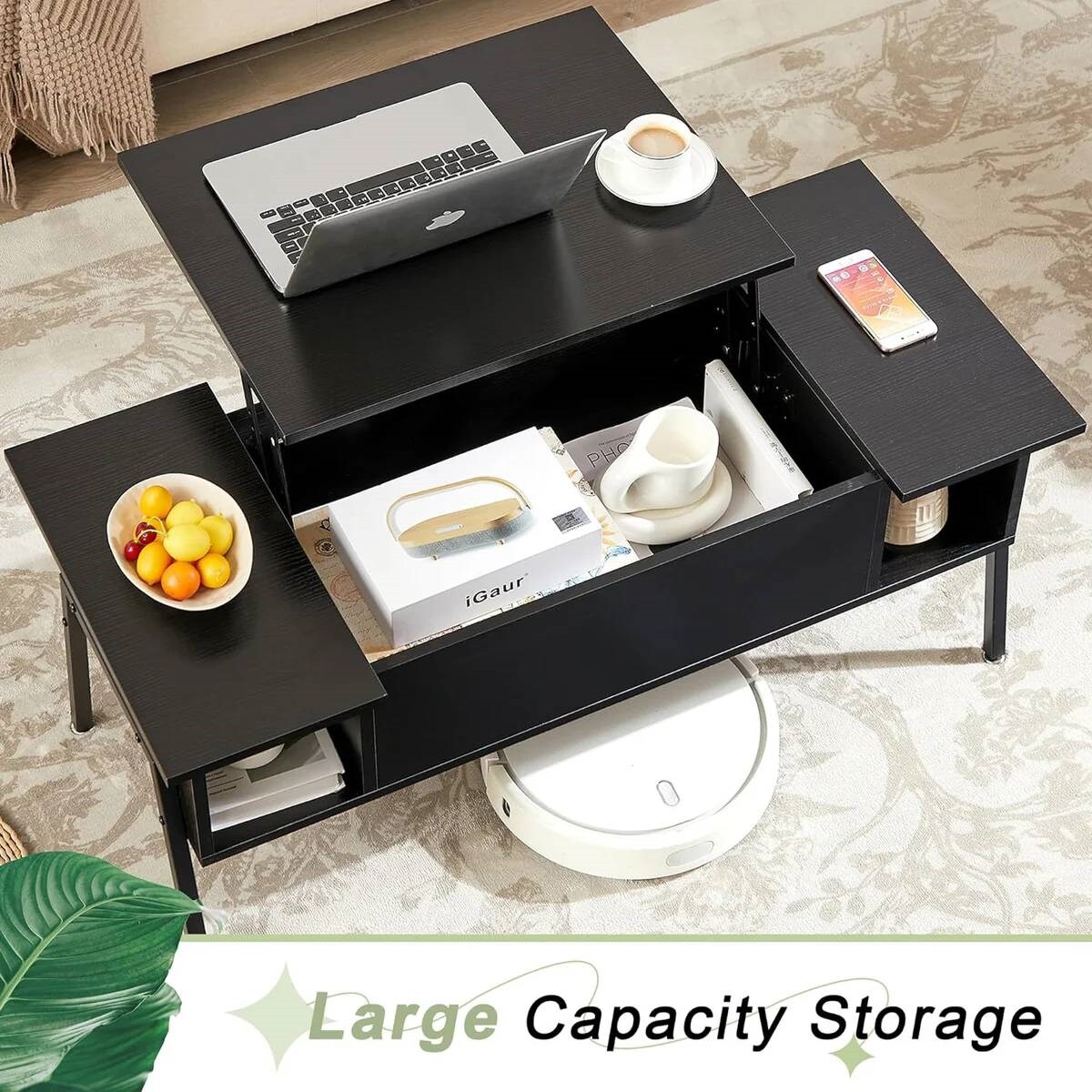 Modern Wood Coffee Table with Lift-Top Adjustable Desk and Storage Shelf for Living Room